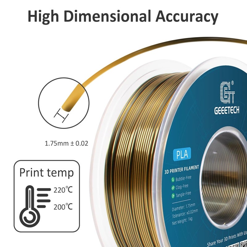 Geeetech خيوط PLA حرير 1.75 مم خيوط مزدوجة اللون، خيوط ثنائية اللون تشبه المعدن اللامع 1 كجم (2.2 رطل) 1 بكرة، دقة الأبعاد +/- 0.02 مم، ذهبي أسود - Image 3